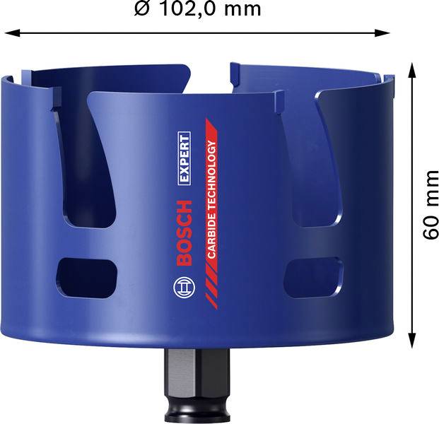 Eine blaue Bosch Expert Lochsäge mit Hartmetallkante. Durchmesser beträgt 102,0 mm, Höhe 60 mm, konstruiert für präzises Schneiden in verschiedenen Materialien.