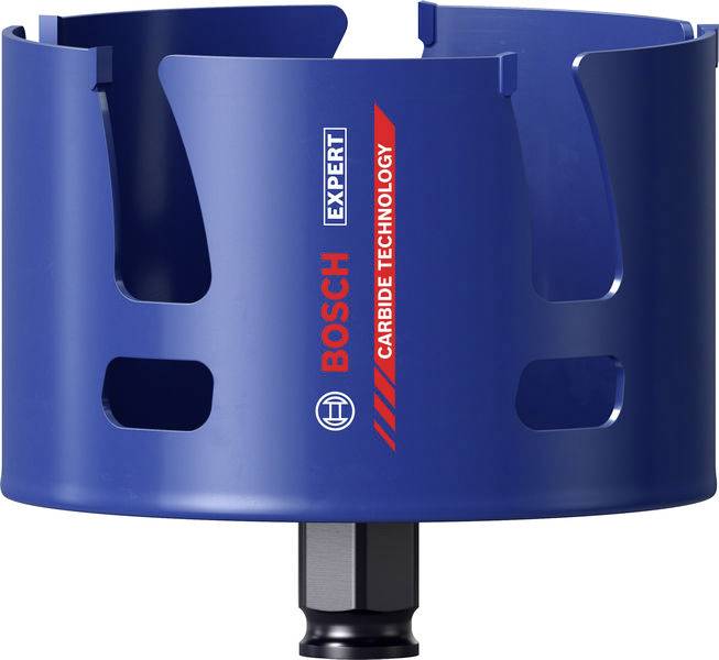 Eine blaue Bosch Expert-Lochsäge mit dem Aufdruck „Carbide Technology