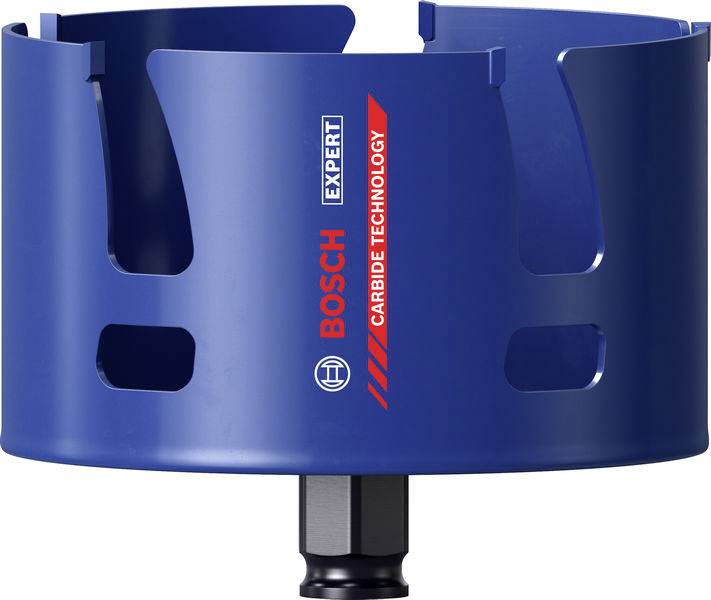 Blaue Bosch-Hartmetall-Technologie-Lochsäge mit Seitenöffnungen und sechskantiger Aufnahme, entwickelt zum Bohren präziser Löcher in verschiedenen Materialien.