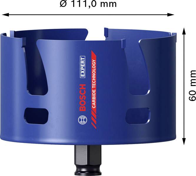 Eine blaue Bosch Expert Lochsäge mit Hartmetallkante, 111 mm Durchmesser und 60 mm Höhe, konstruiert für effizientes Bohren.