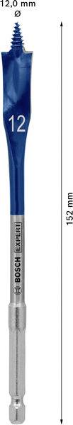 Ein Spatenbohrer mit einem Durchmesser von 12,0 mm und einer Gesamtlänge von 152 mm, mit einer blauen Klinge, spitzer Spitze und sechskantiger Schaftverbindung.