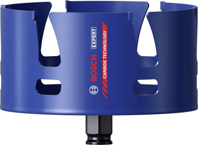 Eine Bosch Expert Lochsäge mit Hartmetalltechnologie, mit blauem zylindrischem Design und rotem sowie weißem Markentext.