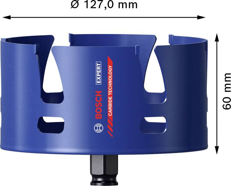 Eine blaue Bosch-Hartmetall-Lochsäge mit einem Durchmesser von 127 mm und einer Tiefe von 60 mm. Das Werkzeug wird zum Schneiden präziser Löcher in verschiedenen Materialien verwendet.