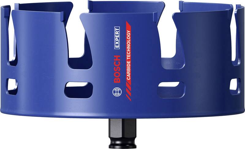 Eine blaue Bosch-Lochsäge mit der Marke „CARBIDE TECHNOLOGY