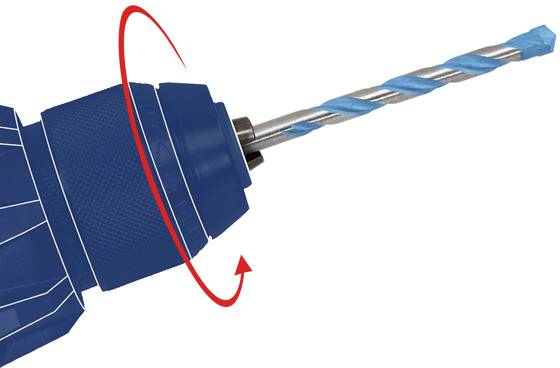 Nahaufnahme eines blauen Elektroschlüssels mit einem metallischen Bohrmeißel. Ein roter Pfeil veranschaulicht die Rotationsrichtung des Bohrmeißels.