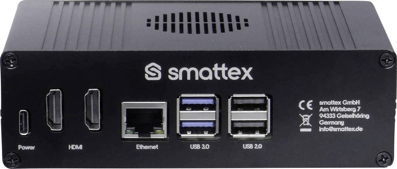 Netzwerkgerät mit Anschlüssen für Stromversorgung, HDMI, Ethernet, USB 3.0 und USB 2.0. Branding und Kontaktinformationen von smattex GmbH sichtbar.