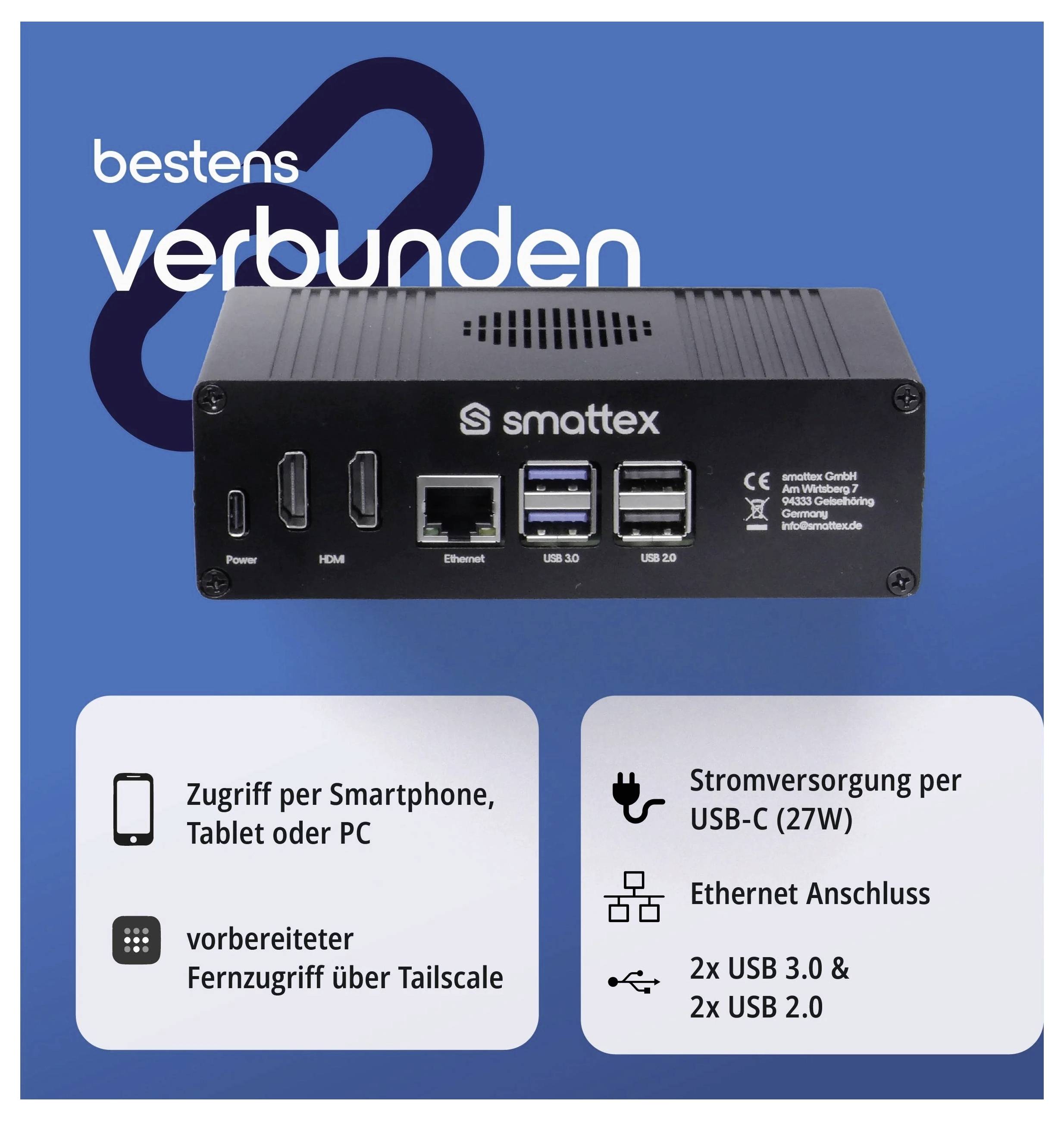 „Kompaktes schwarzes Gerät mit verschiedenen Anschlüssen, einschließlich HDMI und USB. Der Text hebt die Kompatibilität mit Smartphones, Tablets und PCs hervor, Fernzugriffsfunktionen und USB-C-Stromversorgung.