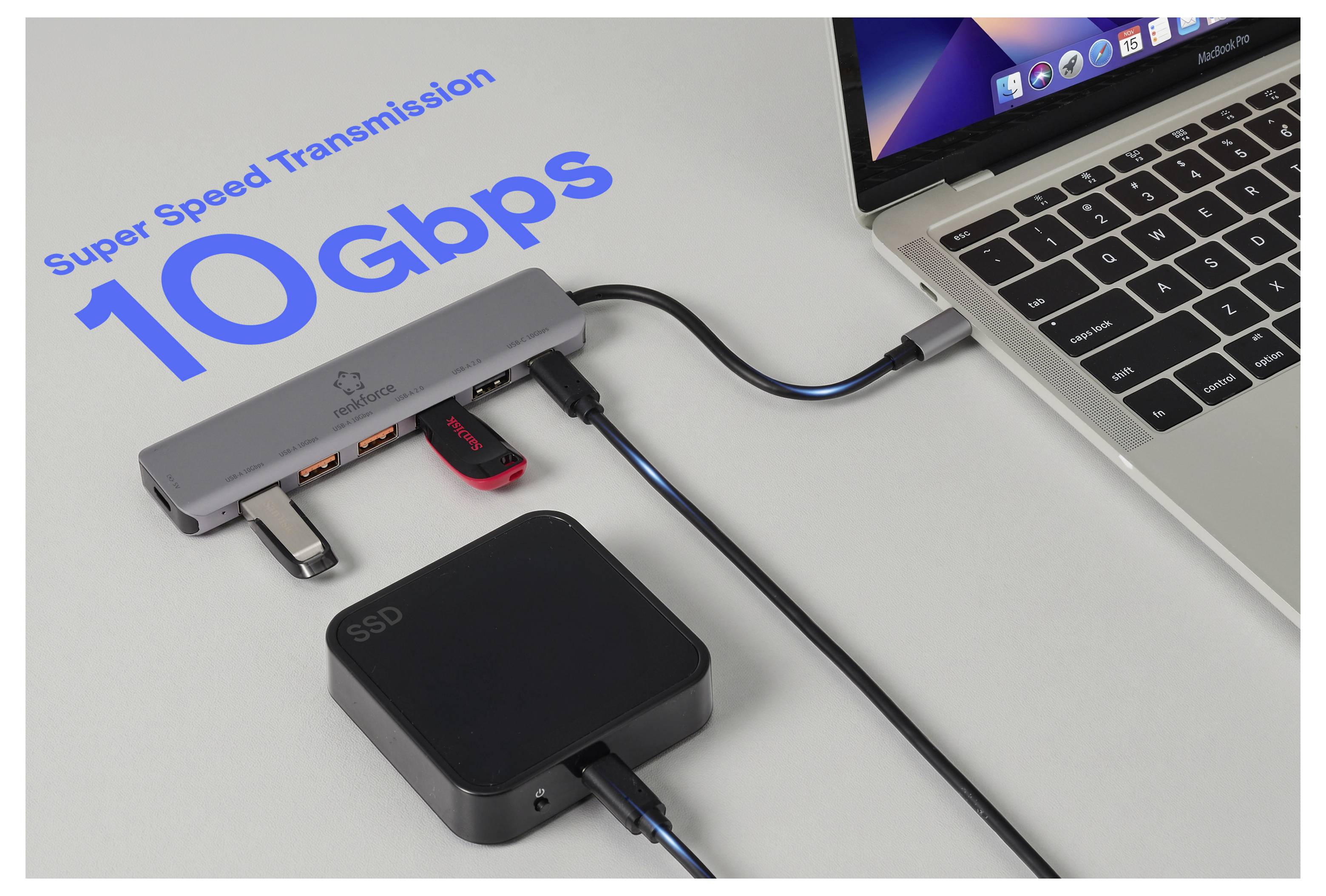 USB-C-Hub an einen Laptop angeschlossen mit SSD und USB-Stick, mit Werbung für „Super Speed Transmission 10 Gbps