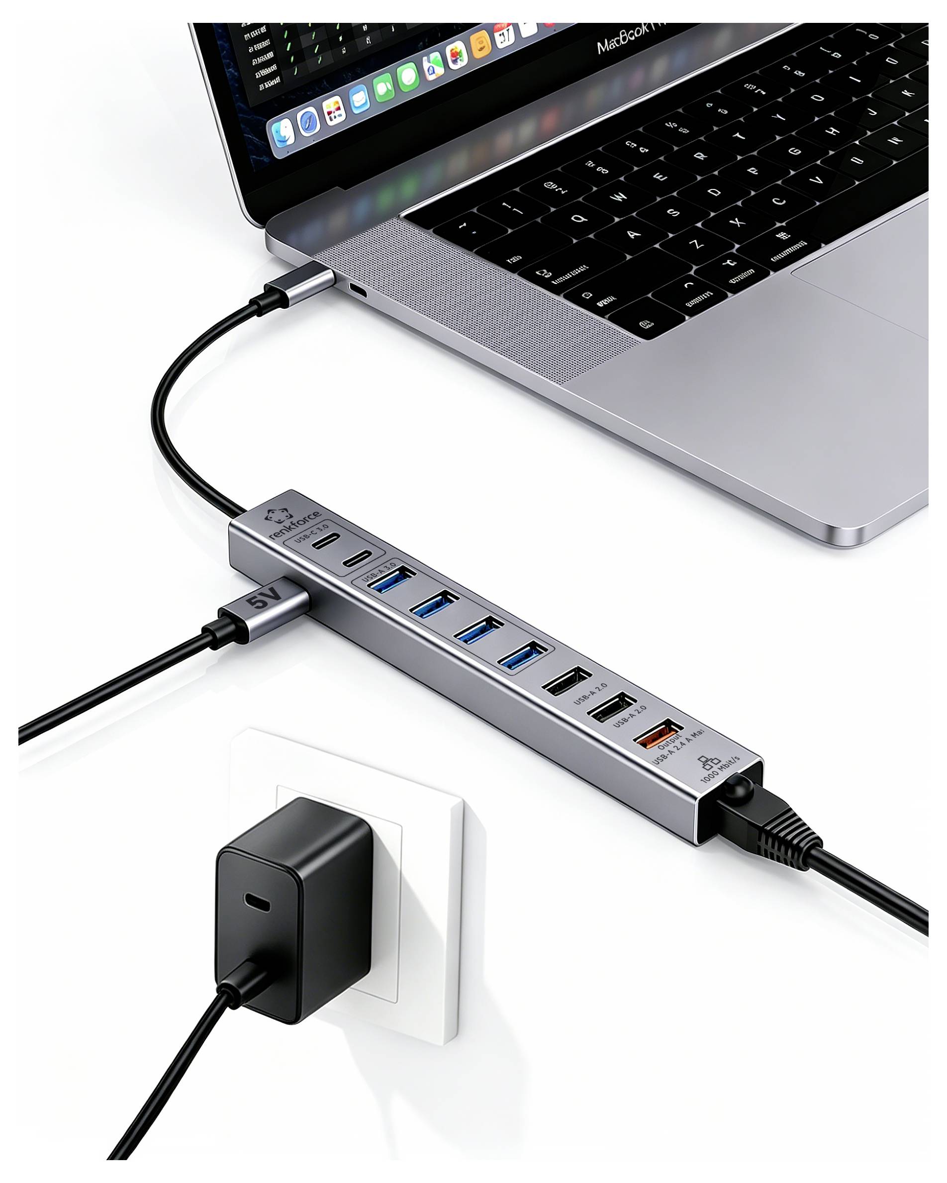 Renkforce RF-7465830 USB-Hub 10 + 1 Port USB-C® USB 3.0 5 GBit/s zur internen Verwendung Grau RF-USBCH-500 USB-C® 10-in-1 Hub