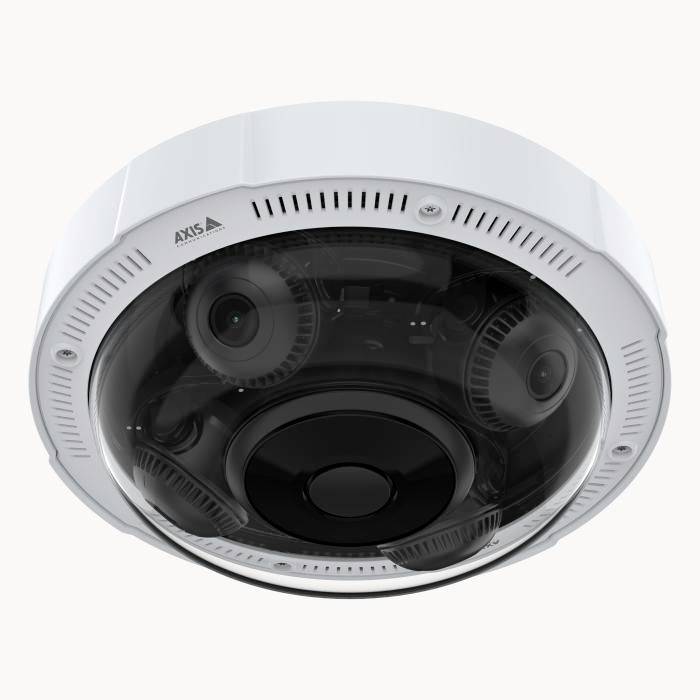 Eine weiße, kreisförmige, kuppelförmige Überwachungskamera mit mehreren Objektiven, die für eine 360-Grad-Überwachung in Innen- oder Außenbereichen konzipiert ist.