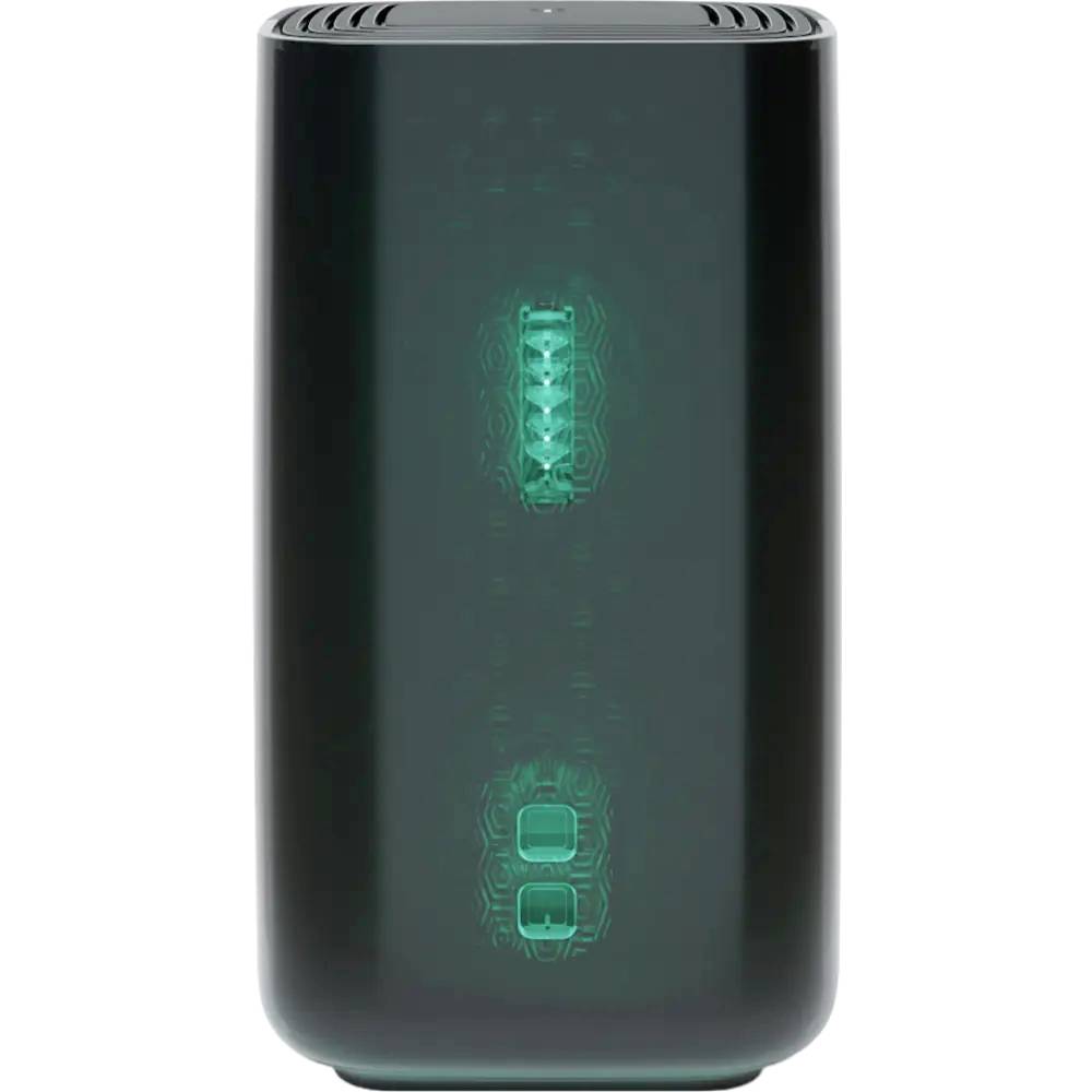 Ein eleganter schwarzer Lautsprecher mit leuchtendem grünem LED-Display, das drei Balken und ein Verbindungssymbol anzeigt.