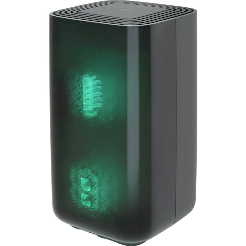 Ein schwarzes rechteckiges elektronisches Gerät mit zwei leuchtenden grünen Abschnitten auf der Vorderseite, die Signalindikatoren ähneln.