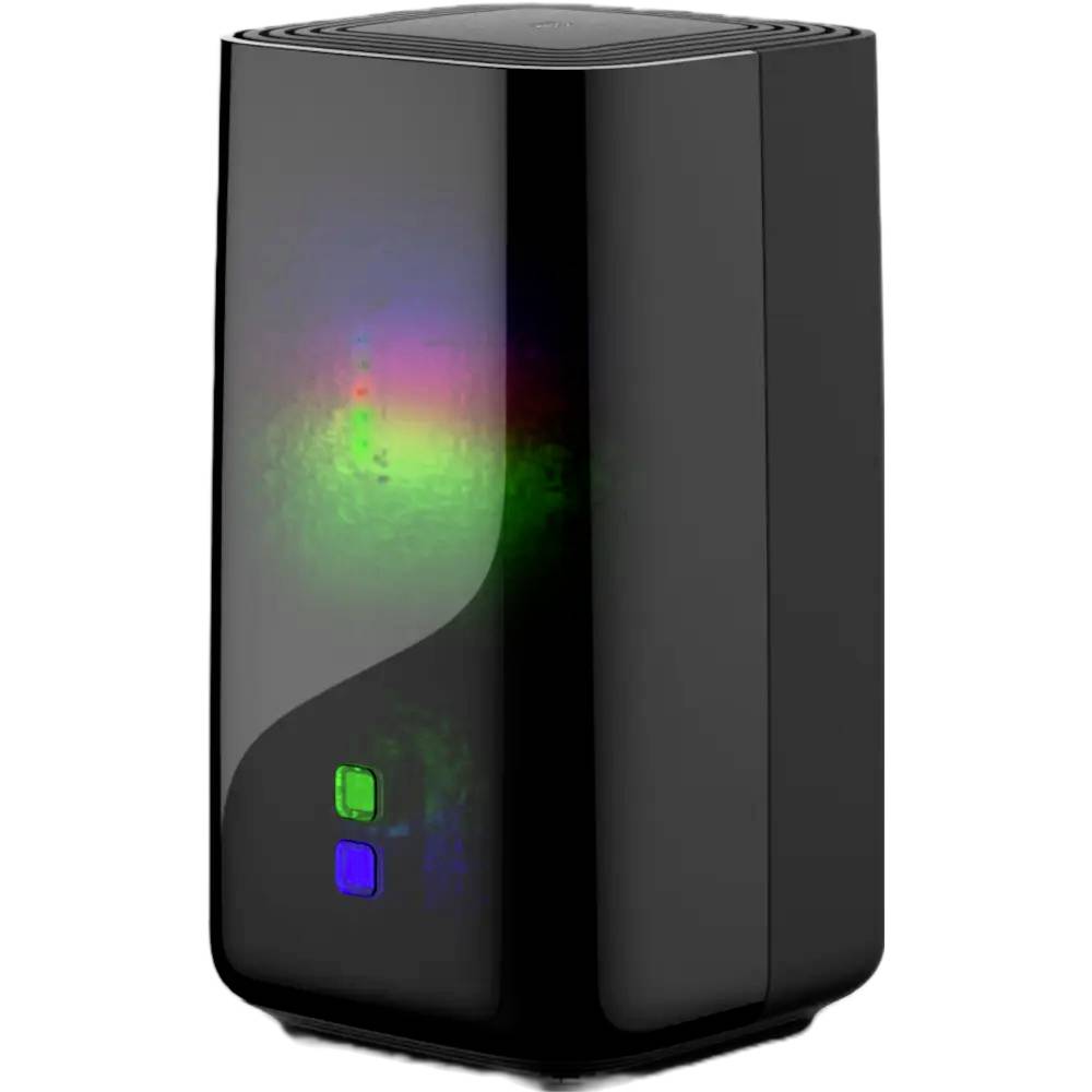 Ein schlankes schwarzes elektronisches Gerät mit leuchtenden mehrfarbigen Lichtern und zwei sichtbaren Tasten an der Vorderseite, wahrscheinlich ein moderner Router oder ein Modem.