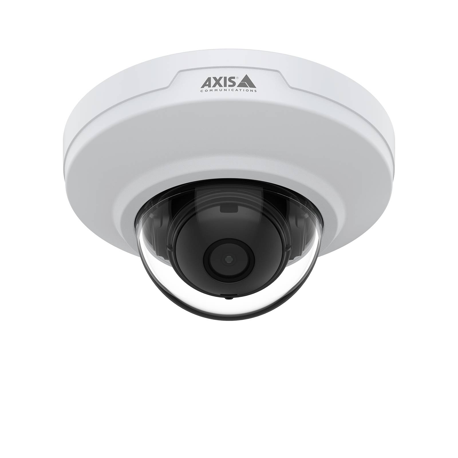 Deckenmonierte Sicherheitskamera mit weißem Gehäuse und transparenter Kuppel, nach unten geneigt für Überwachung.