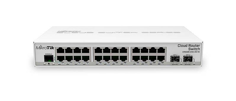 MicroTik Cloud Router Switch, Modell CRS328-24P-4S+RM, mit 24 Ethernet-Anschlüssen und 4 SFP+-Anschlüssen für Datennetzwerk- und Konnektivitätslösungen.