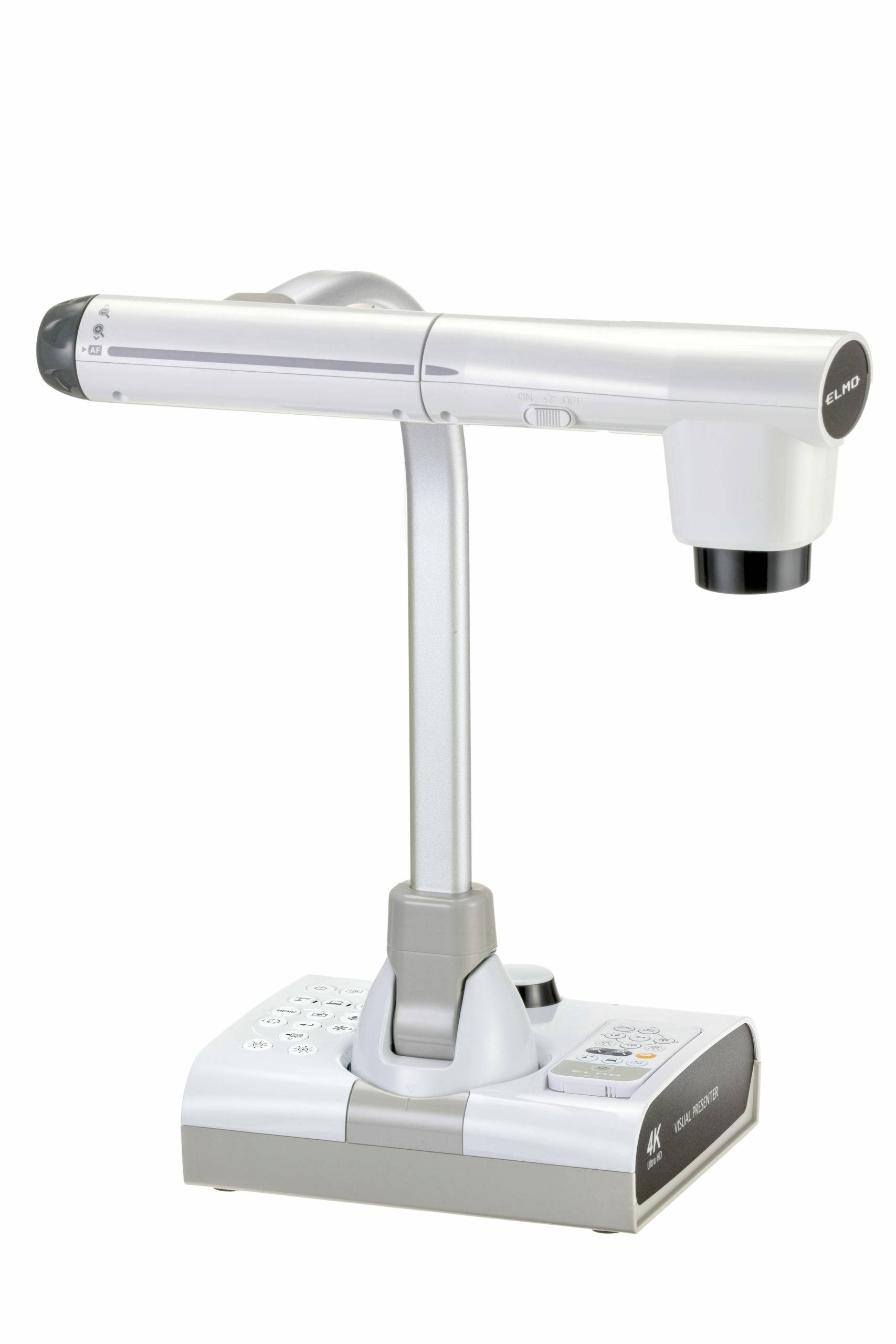 Eine Dokumentenkamera mit elegantem, modernem Design, die einen horizontalen Arm mit einem vertikalen Ständer aufweist und sich ideal für Präsentationen eignet.