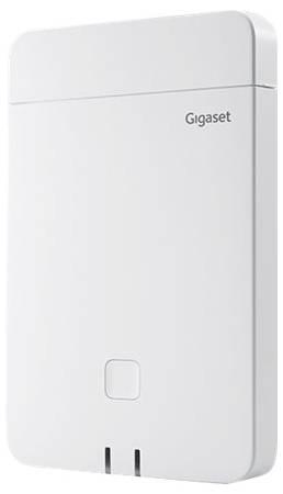 Ein weißes Gigaset-Gerät mit rechteckiger Form und einem kleinen zentralen Knopf in der unteren Hälfte.