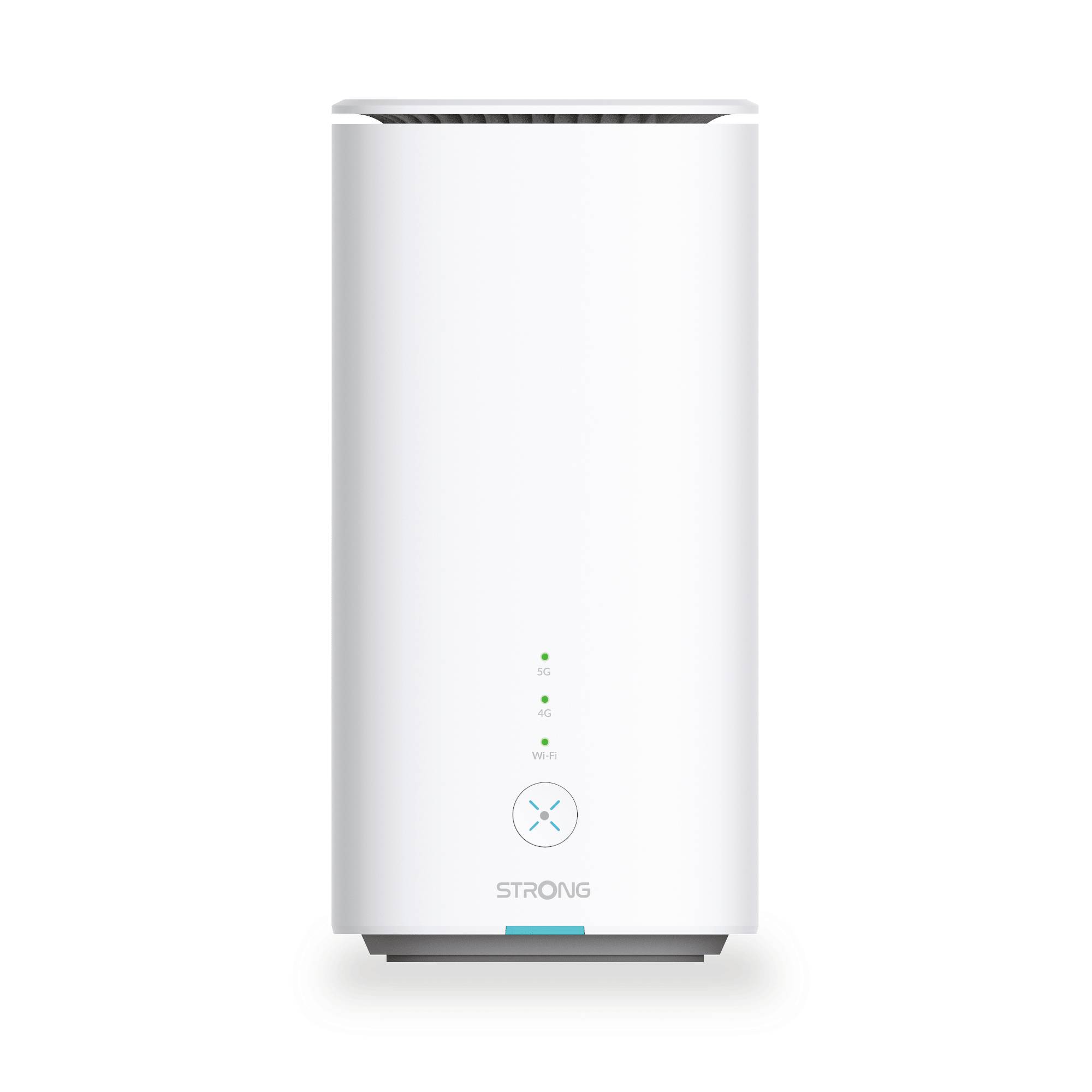Ein weißer WLAN-Router mit Anzeigelampen für Stromversorgung, Verbindungsstatus und Signalstärke. Der Markenname befindet sich unten.