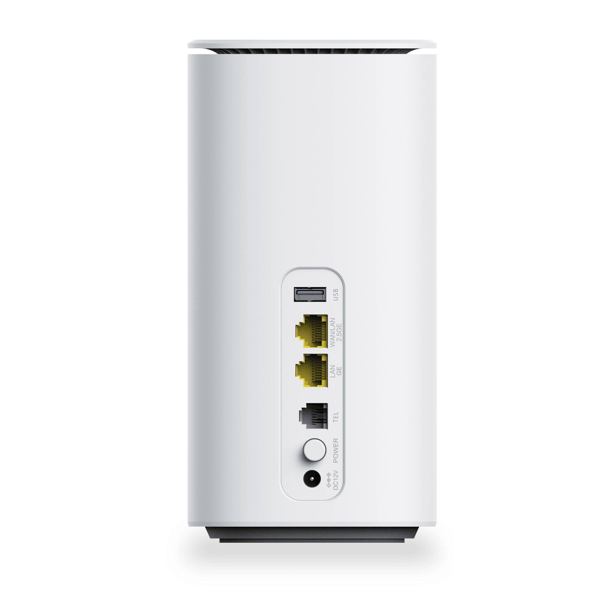 Netzwerk-Router mit zwei Ethernet-Anschlüssen, einem USB-Anschluss, einer Reset-Taste und einer Stromeingabe auf der Rückseite, zeigt Konnektivitätsoptionen.