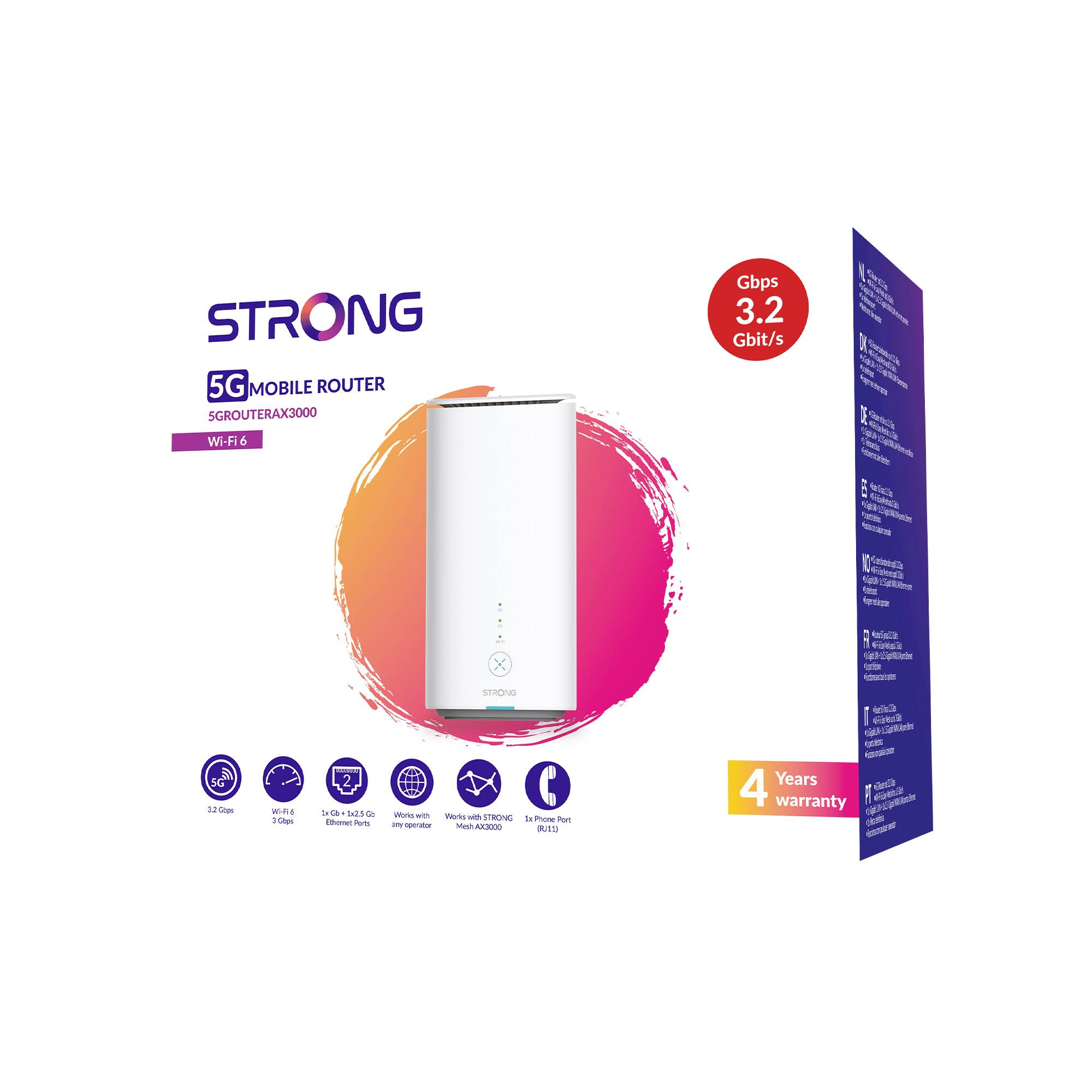 Ein weißer 5G-Mobilfunkrouter mit rosa und orangefarbenem Hintergrund, der Wi-Fi 6 unterstützt, bietet Geschwindigkeiten von bis zu 3,2 Gbit/s und eine 4-Jahres-Garantie.