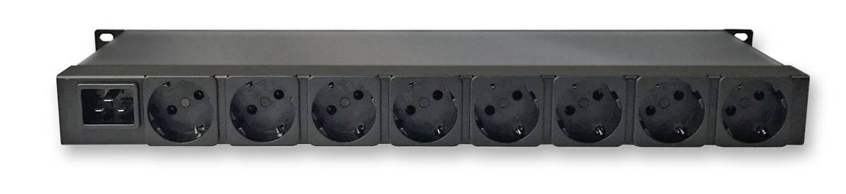Eine schwarze Stromverteilungseinheit mit acht europäischen Steckdosen und einem Stromschalter, konzipiert für in Racks montierte Geräte.