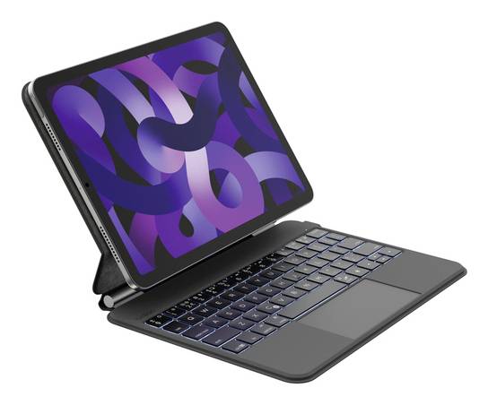 Ein Tablet mit einem violetten abstrakten Design auf dem Bildschirm ist an einer Tastatur befestigt und ähnelt einem Laptop-Setup.
