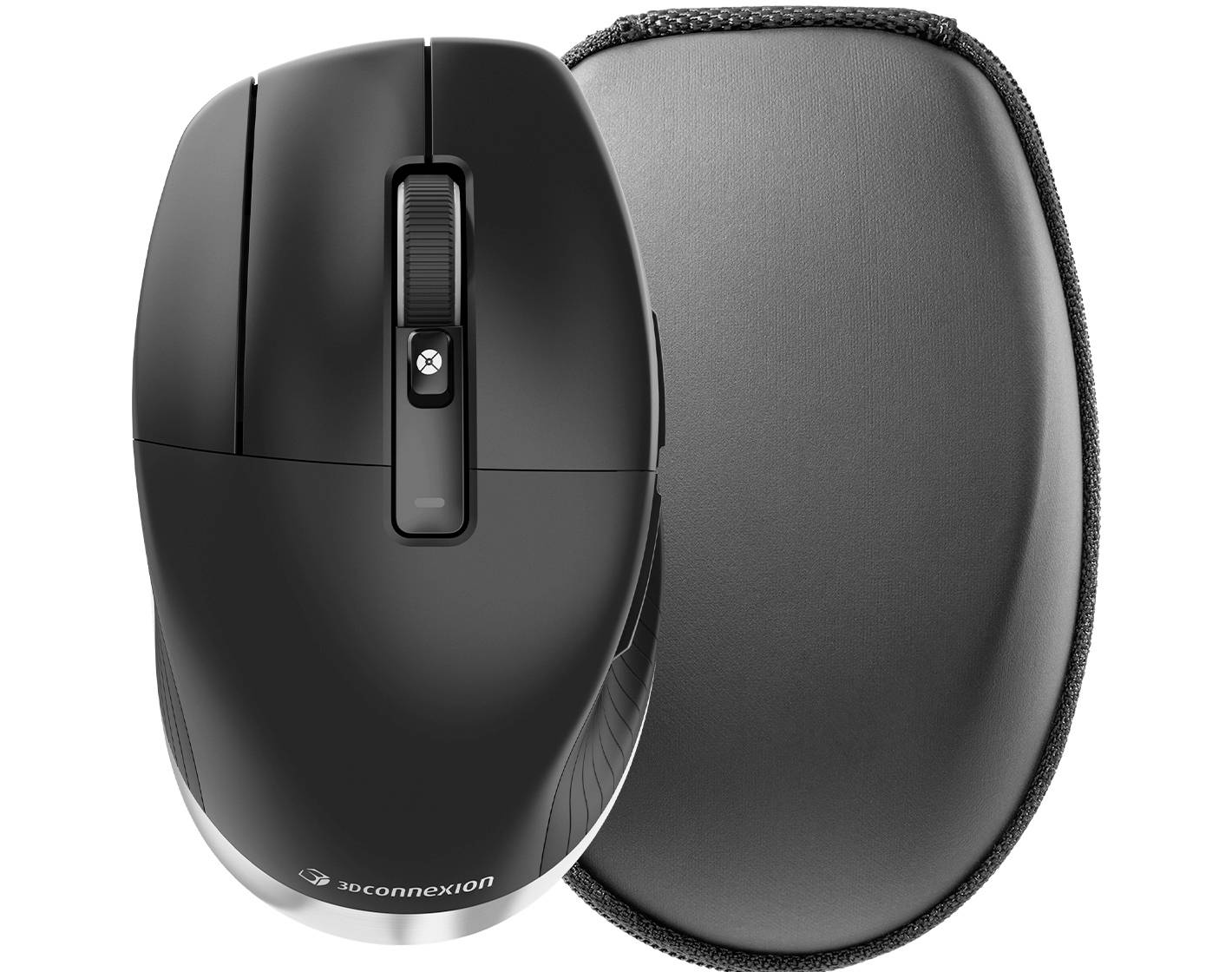 Eine schwarze, ergonomische Computermaus mit Scrollrad, dargestellt neben einer Schutzhülle, entworfen für Komfort und einfache Bedienung.