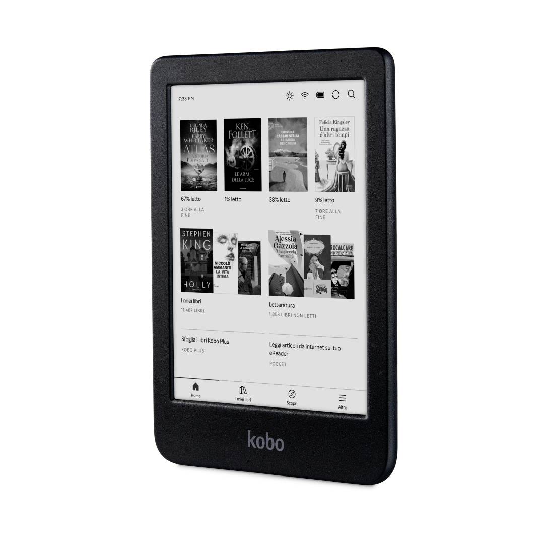 Ein E-Reader zeigt einen Buchauswahlbildschirm mit verschiedenen Buchcovern und Text an, einschließlich Autoren und Titeln auf seinem Bildschirm.