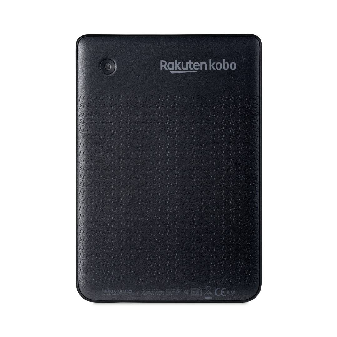 Das Bild zeigt die Rückseite eines schwarzen Rakuten Kobo E-Readers. Der obere Bereich ist glatt, während der untere Teil eine strukturierte Griffoberfläche hat.