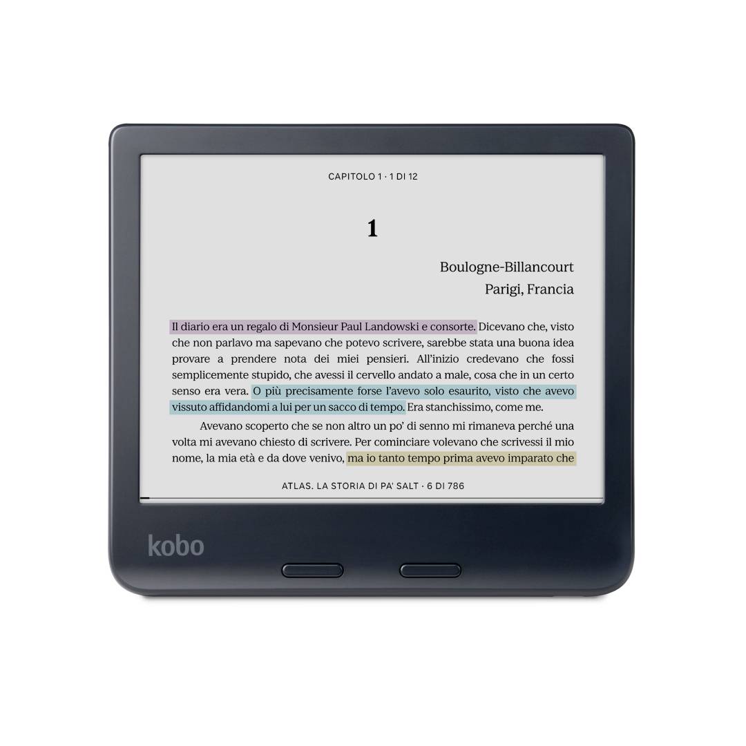 Ein E-Reader, der eine Seite mit italienischem Text anzeigt, mit dem Titel „Capitolo 1