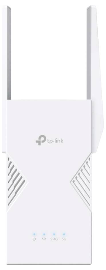 Ein weißer TP-Link Wi-Fi-Repeater mit zwei externen Antennen, mit LED-Anzeigen für Stromversorgung und Konnektivitätsstatus.