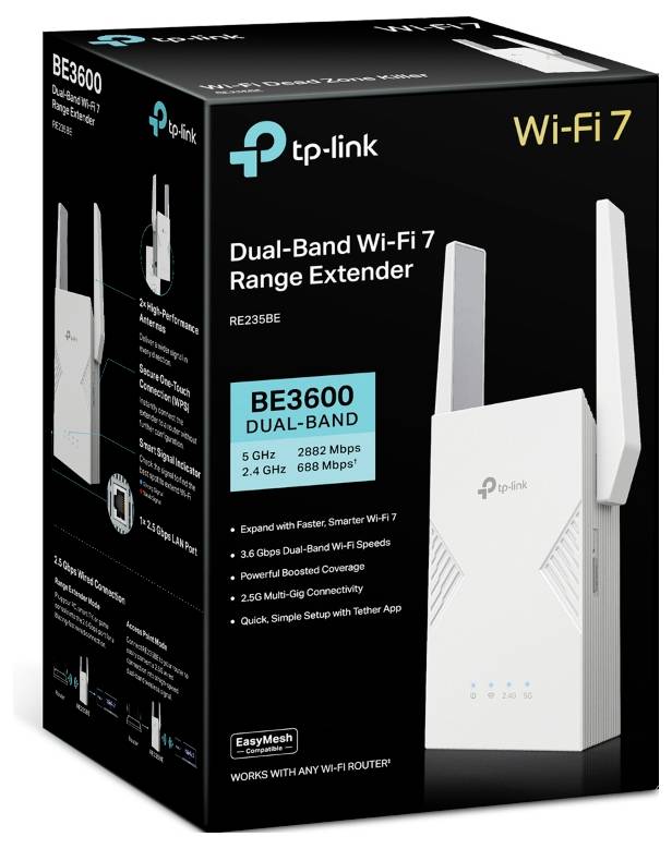 TP-Link Dual-Band Wi-Fi 7 Reichweitenverstärker, Modell BE3600, mit hervorgehobener 5-GHz-Geschwindigkeit von 2882 Mbps und 2,4-GHz-Geschwindigkeit von 688 Mbps.
