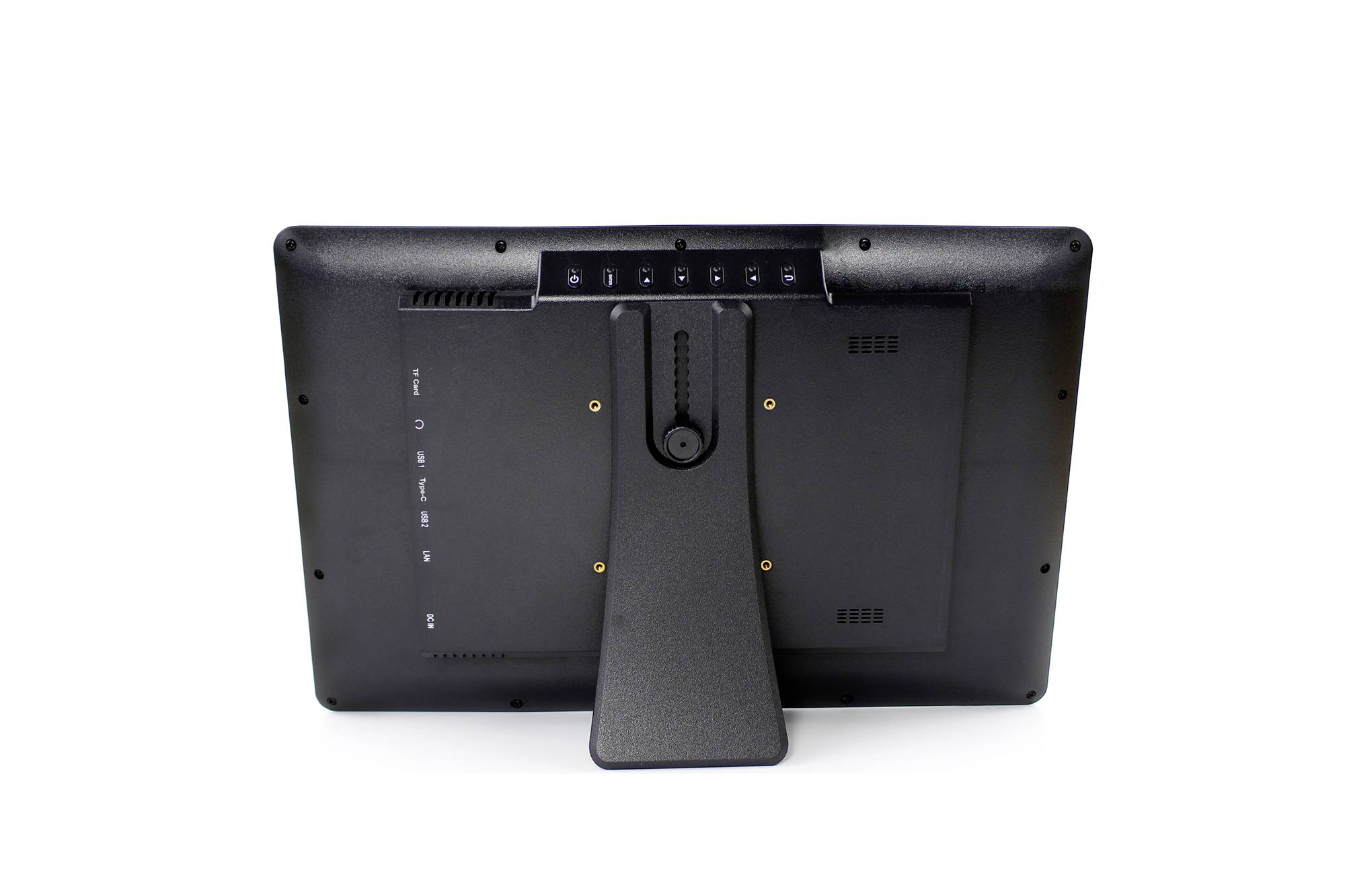 Ein schwarzer digitaler Bilderrahmen von hinten betrachtet, der den Ständer und die Bedienungstasten an der oberen Kante zeigt.