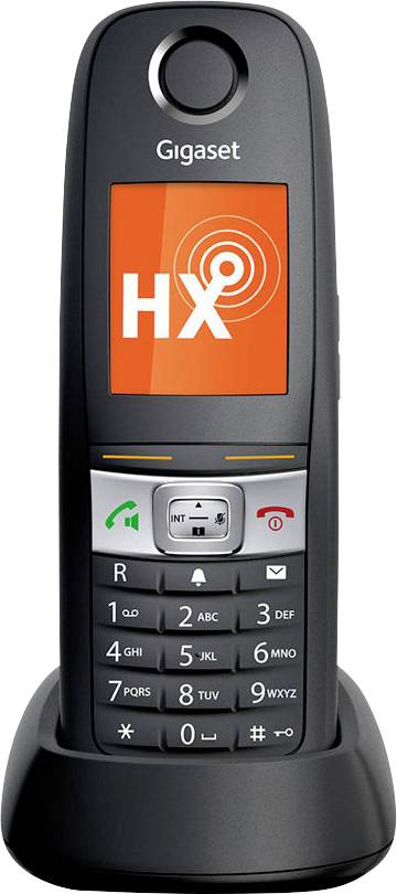 Ein schwarzes schnurloses Telefon mit einem Farbbildschirm, auf dem „HX
