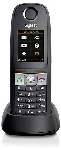Ein schwarzes kabelloses Gigaset-Telefon auf einer Ladestation, das Symbole auf dem Bildschirm für Nachrichten, Kontakte, Einstellungen und mehr anzeigt.