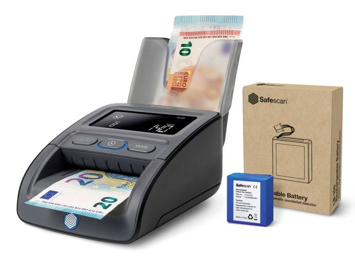Eine Währungszählmaschine zur Verarbeitung von Euro-Banknoten, abgebildet mit einem wiederaufladbaren Akkupack und einer Box auf der Seite.