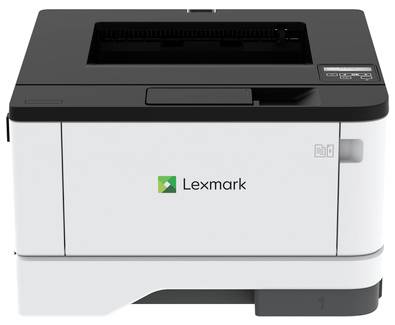 Ein Lexmark-Drucker mit einem Bedienfeld oben rechts, zeichnet sich durch ein kompaktes Design und ein weißes Gehäuse mit schwarzer Oberseite aus.