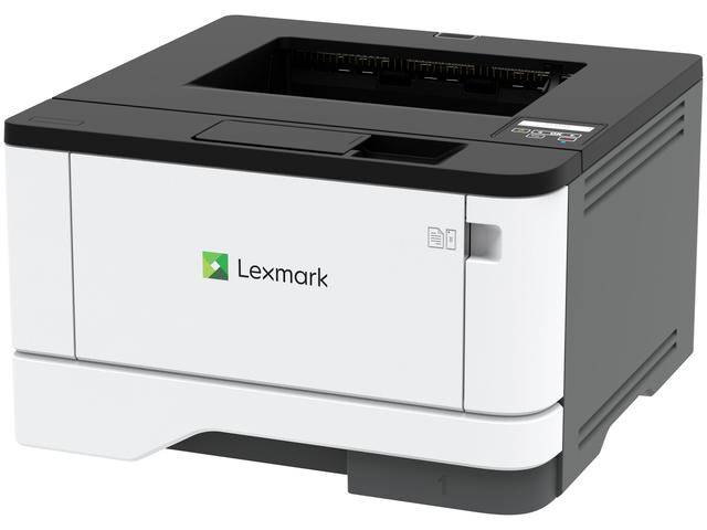 Ein Lexmark-Drucker in Schwarz und Weiß mit einem sichtbaren Papierfach und Bedienfeld oben.