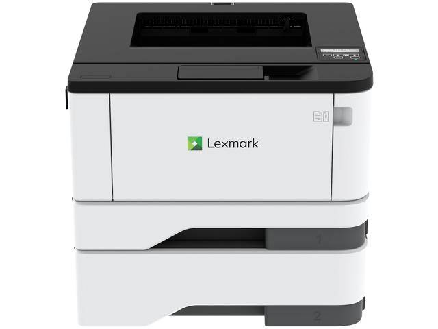 Ein Lexmark-Drucker mit zwei Papierfächern, hauptsächlich in Schwarz-Weiß-Design, von vorne betrachtet.