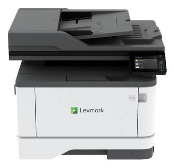 Ein Lexmark-Drucker mit einer Touchscreen-Schnittstelle und einem Dokumenteneinzug oben, konzipiert für die Büronutzung.