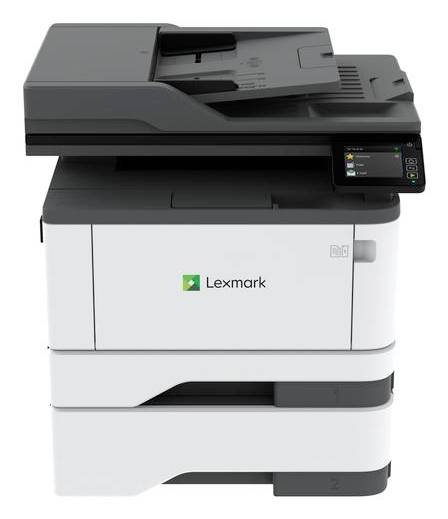 Ein schwarzer und weißer Lexmark-Multifunktionsdrucker mit einem Touchscreen-Bedienfeld auf der rechten Seite, ausgestattet mit Druck- und Scanfunktionen.