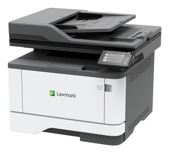 Ein kompakter, multifunktionales Bürodrucker mit Dokumenteneinzug und Touchscreen, auf der Vorderseite mit „Lexmark