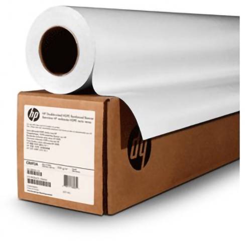 Eine große Rolle HP Universal Bond Paper liegt auf einem Kartonkarton und zeigt das Produktetikett und den Strichcode zur Identifikation.