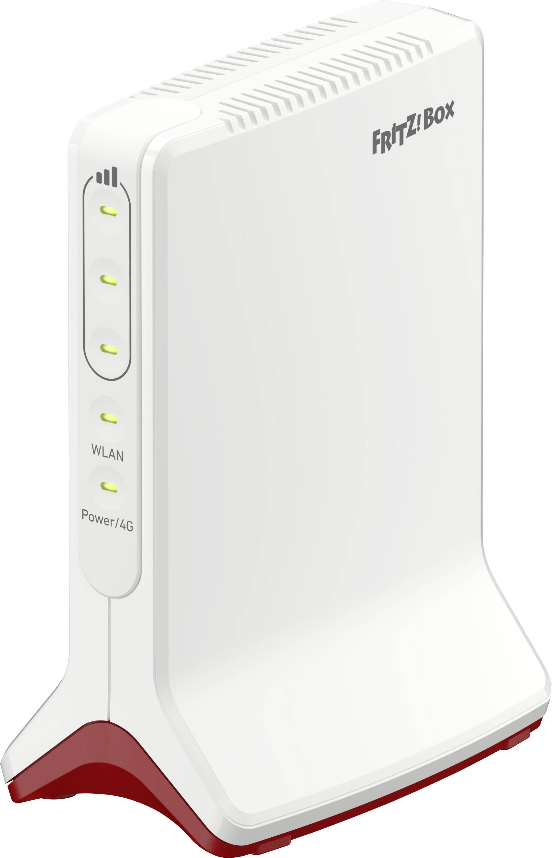 Ein weiß-rotes Wi-Fi-Router mit vier Anzeigelichtern auf der Vorderseite, beschriftet mit „FRITZ!Box