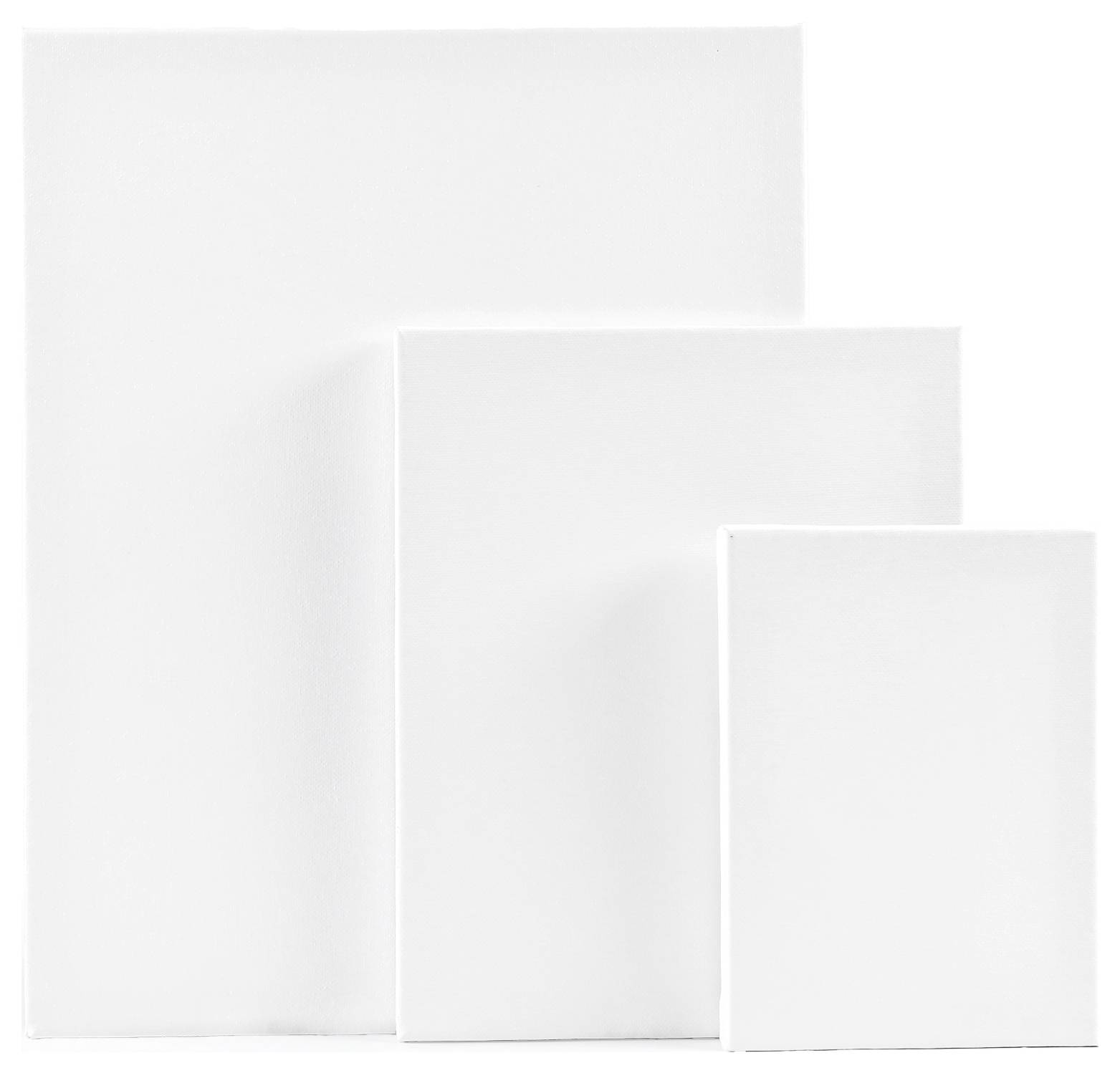 Drei leere weiße Leinwände in unterschiedlichen Größen stehen aufrecht.