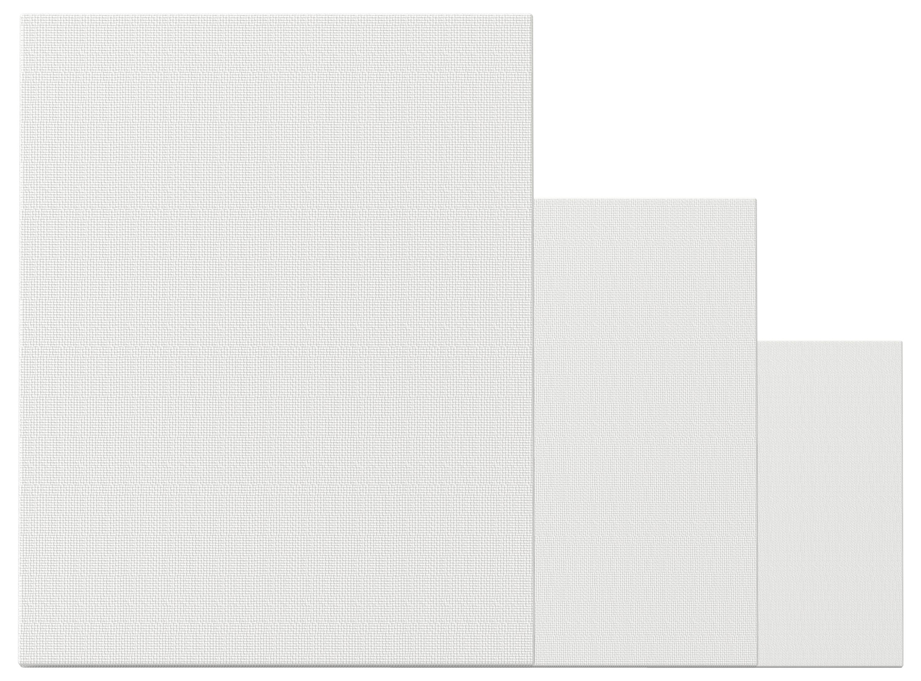 Drei leere weiße Leinwände verschiedener Größen sind von links nach rechts in absteigender Reihenfolge angeordnet.