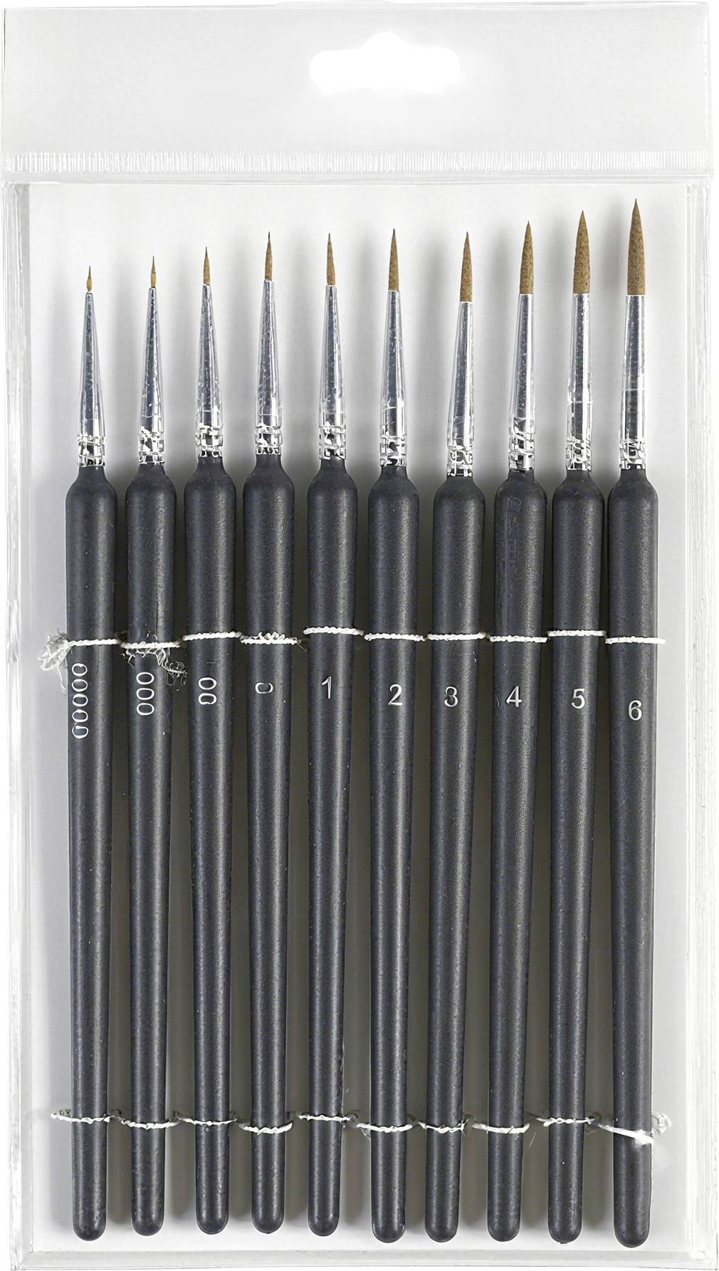 Ein Set aus neun Pinseln mit schwarzen Griffen und feinen Spitzen, ordentlich in einem Kunststoffbeutel angeordnet, in verschiedenen Größen von klein bis groß.