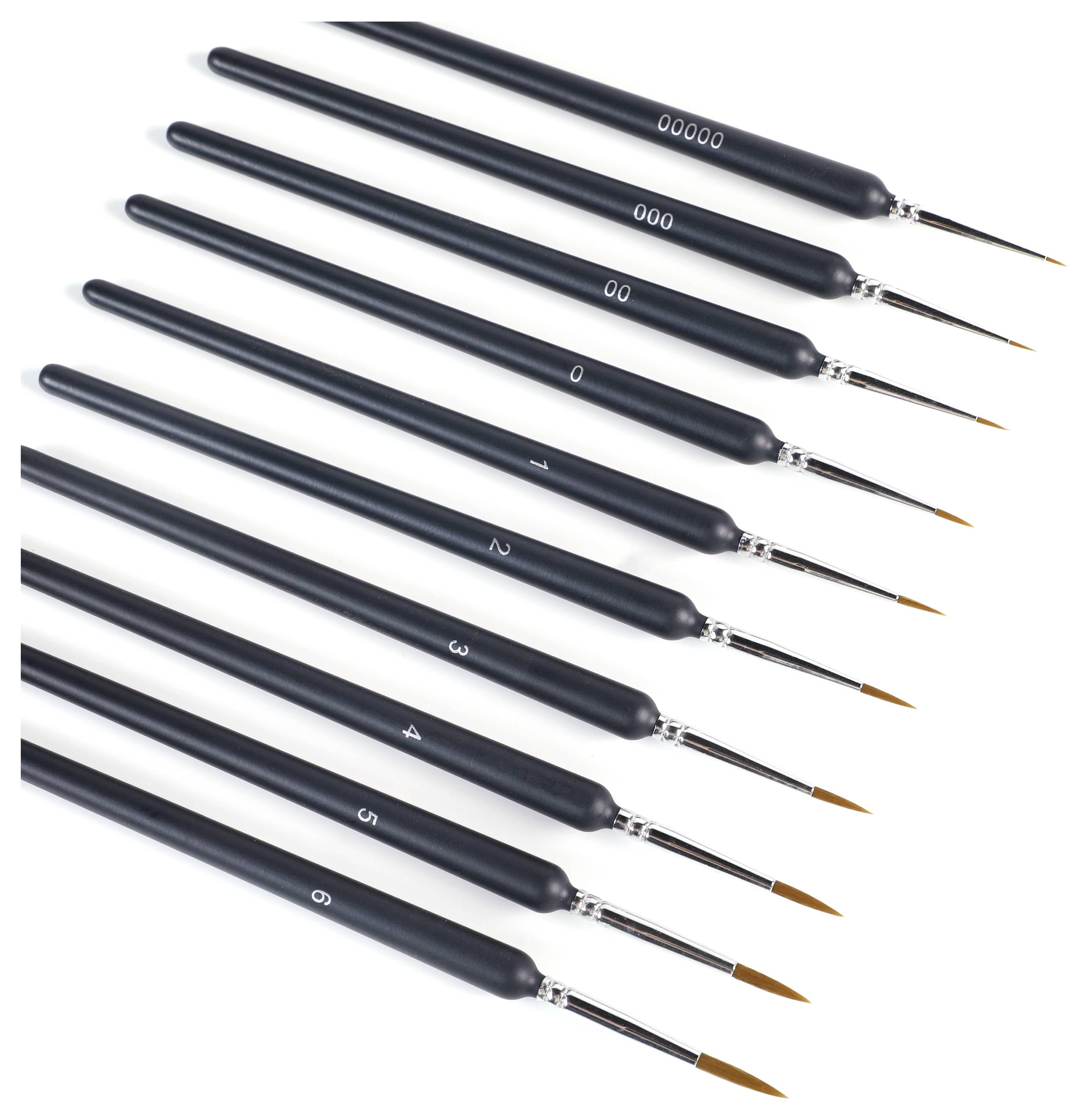 Ein Satz von zehn feinen Pinseln mit spitzer Spitze, die in einer Diagonalen angeordnet sind, mit Größen von 00000 bis 6 gekennzeichnet, die unterschiedliche Pinselspitzenbreiten zeigen.