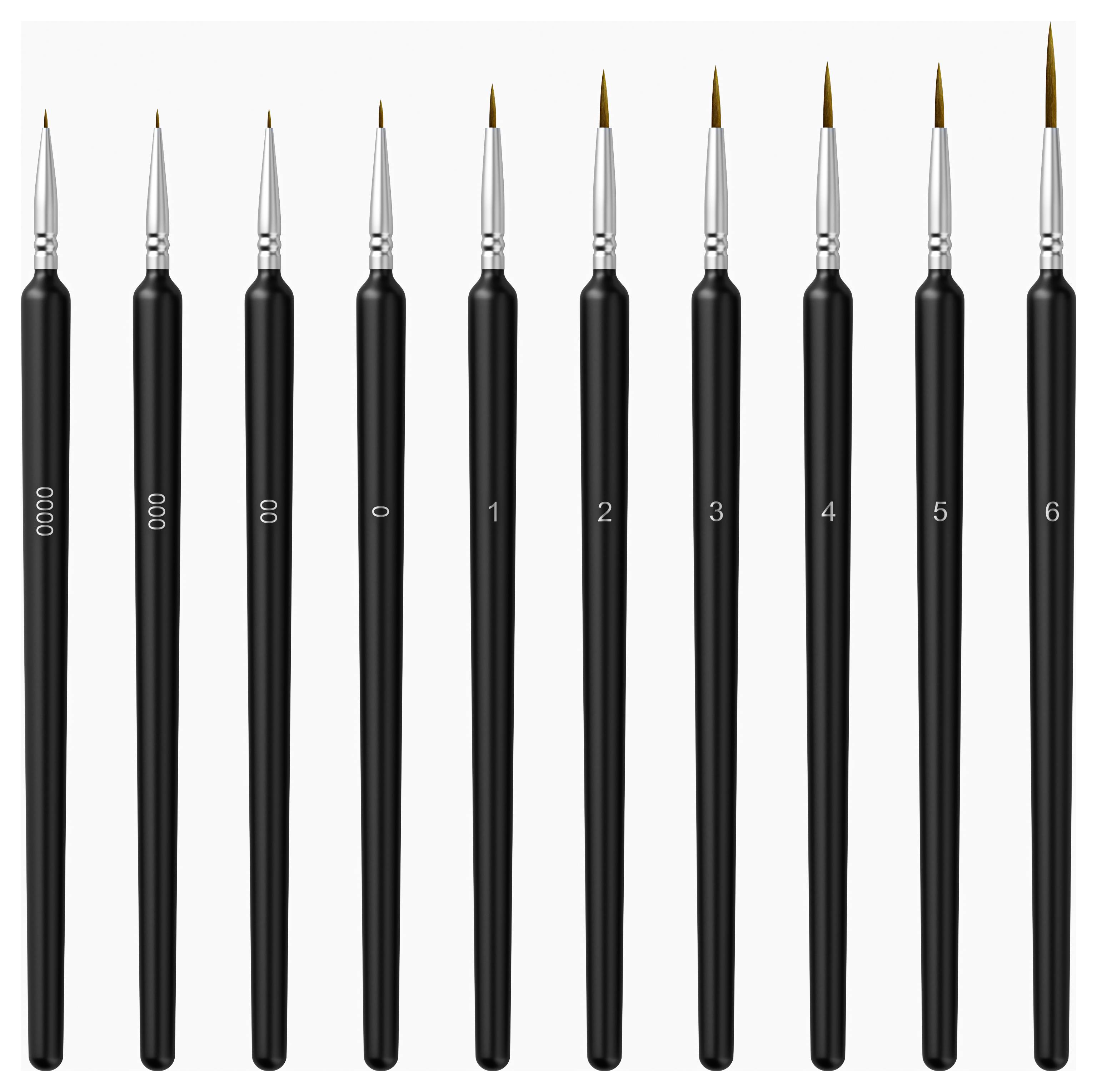 Zehn schwarze Pinsel, nummeriert von 00 bis 6, jeweils mit einer feinen Metallspitze, vertikal in einer Reihe auf weißem Hintergrund angeordnet.