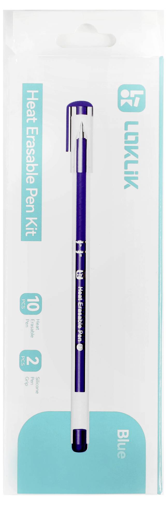 Blauer Stift zum Löschen mit Hitze in einer Verpackung mit der Aufschrift „Heat Erasable Pen Kit